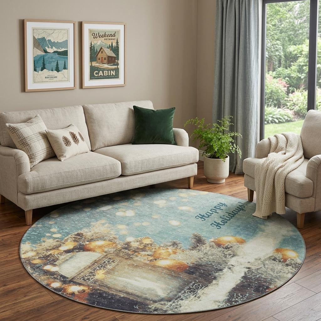 8 Blue Gold And Ivory Christmas Distressed Washable Round Rug With UV Protection