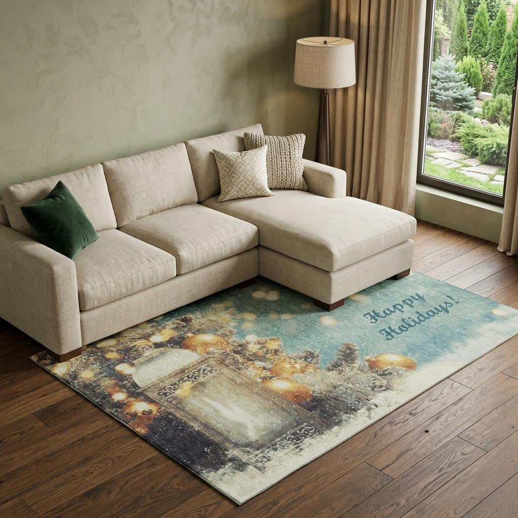 8 X 10 Blue Gold And Ivory Christmas Distressed Washable Area Rug With UV Protection