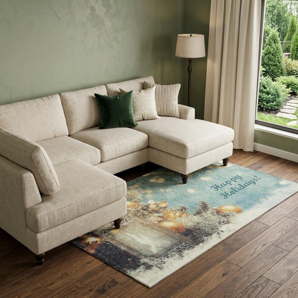 9 X 12 Blue Gold And Ivory Christmas Distressed Washable Area Rug With UV Protection