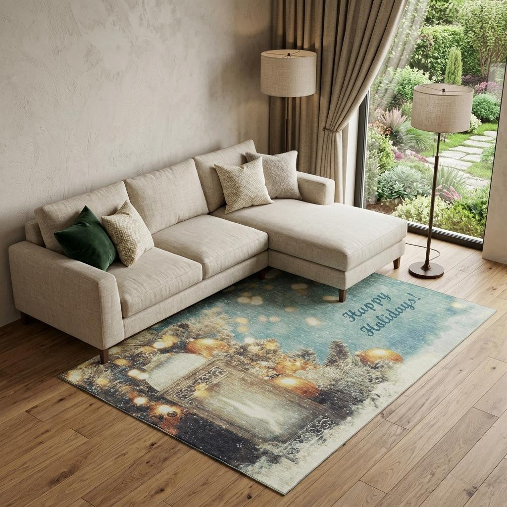 10 X 14 Blue Gold And Ivory Christmas Distressed Washable Area Rug With UV Protection
