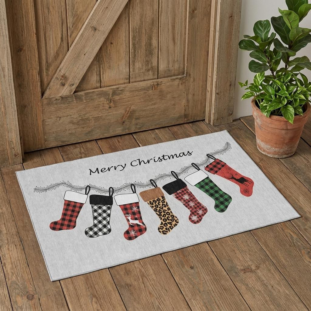 3 X 5 Gray Red And Green Christmas Stockings Washable Area Rug With UV Protection