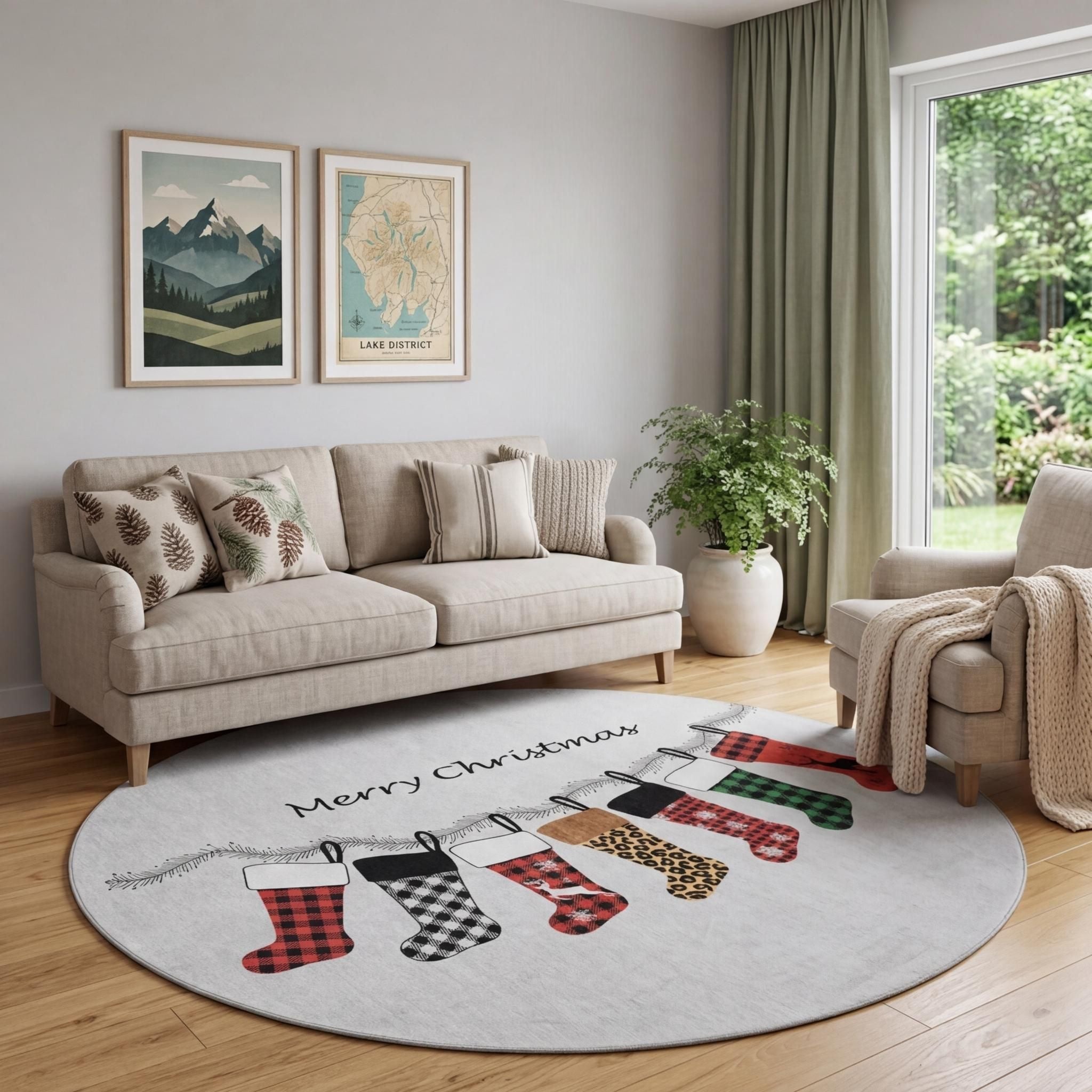 8 Gray Red And Green Christmas Stockings Washable Area Rug With UV Protection