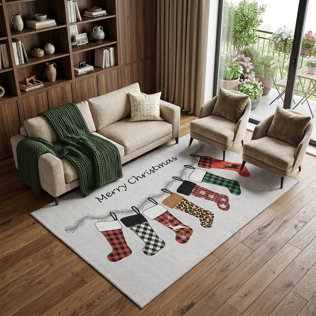 8 X 10 Gray Red And Green Christmas Stockings Washable Area Rug With UV Protection
