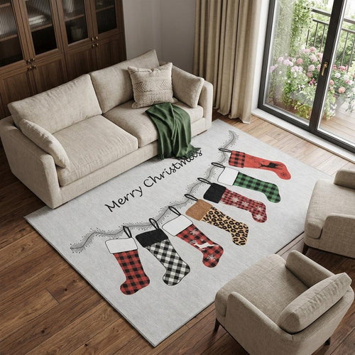 10 X 14 Gray Red And Green Christmas Stockings Washable Area Rug With UV Protection