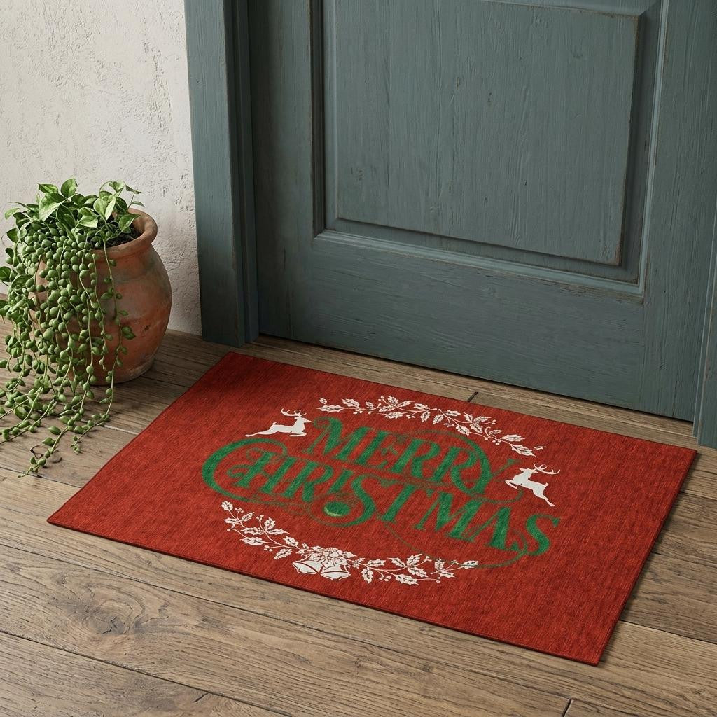 3 X 5 Ruby Red Green And Ivory Christmas Washable Area Rug With UV Protection