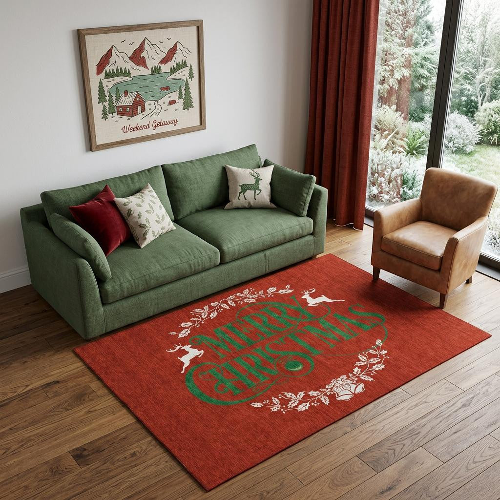 5 X 8 Ruby Red Green And Ivory Christmas Washable Area Rug With UV Protection
