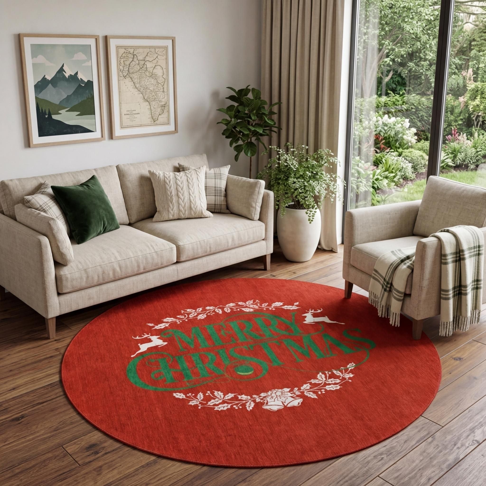 8 Ruby Red Green And Ivory Christmas Washable Round Rug With UV Protection
