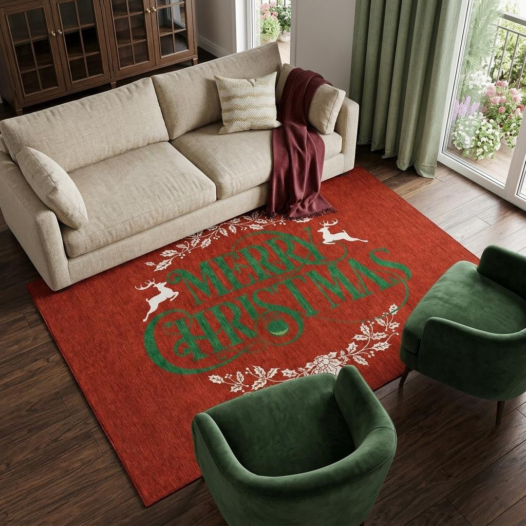8 X 10 Ruby Red Green And Ivory Christmas Washable Area Rug With UV Protection