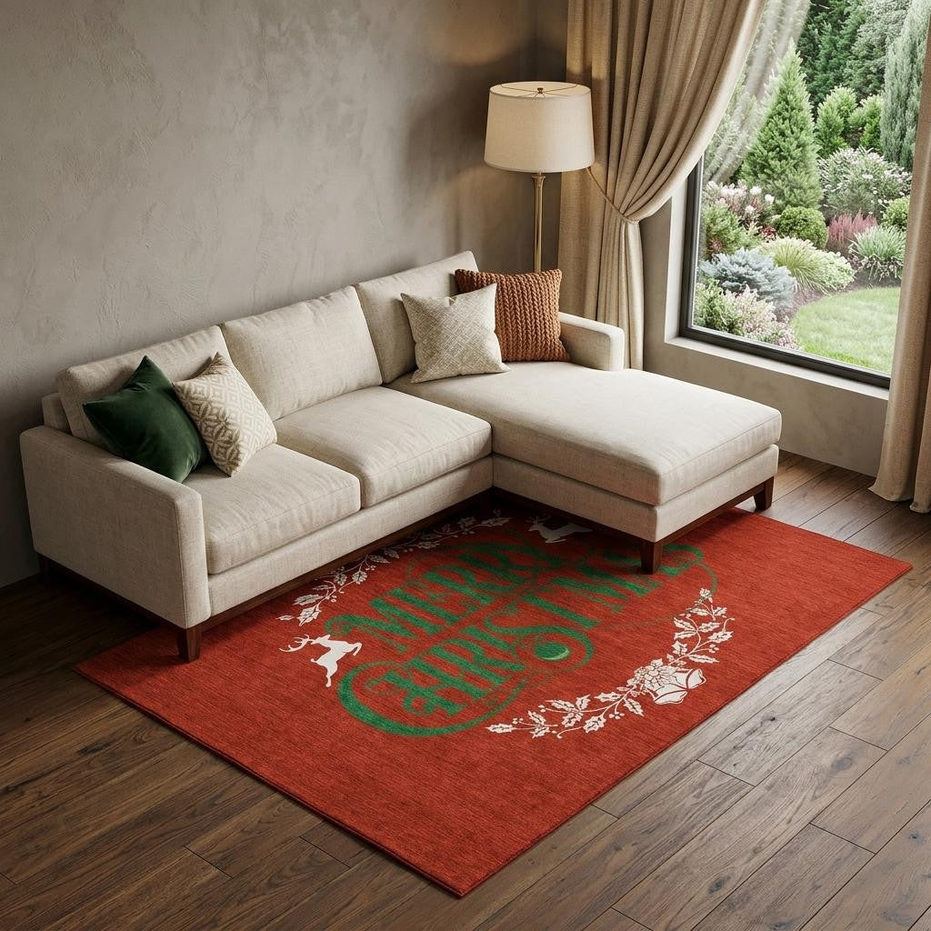 9 X 12 Ruby Red Green And Ivory Christmas Washable Area Rug With UV Protection