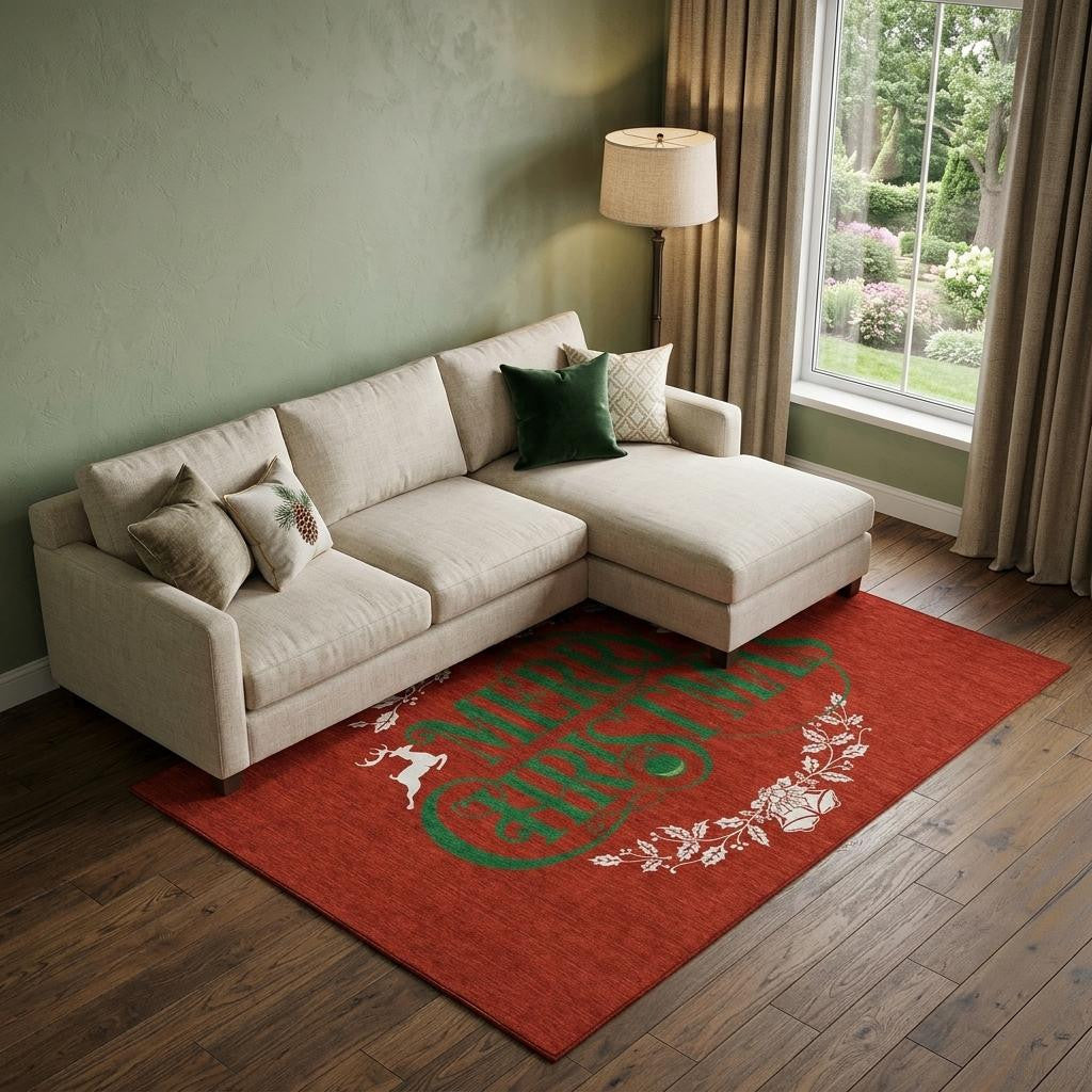 10 X 14 Ruby Red Green And Ivory Christmas Washable Area Rug With UV Protection