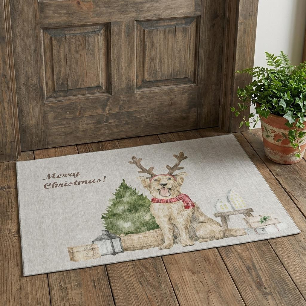 3 X 5 Taupe Green And Gray Christmas Dog Washable Area Rug With UV Protection