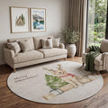 8 Taupe Green And Gray Christmas Dog Washable Round Rug With UV Protection