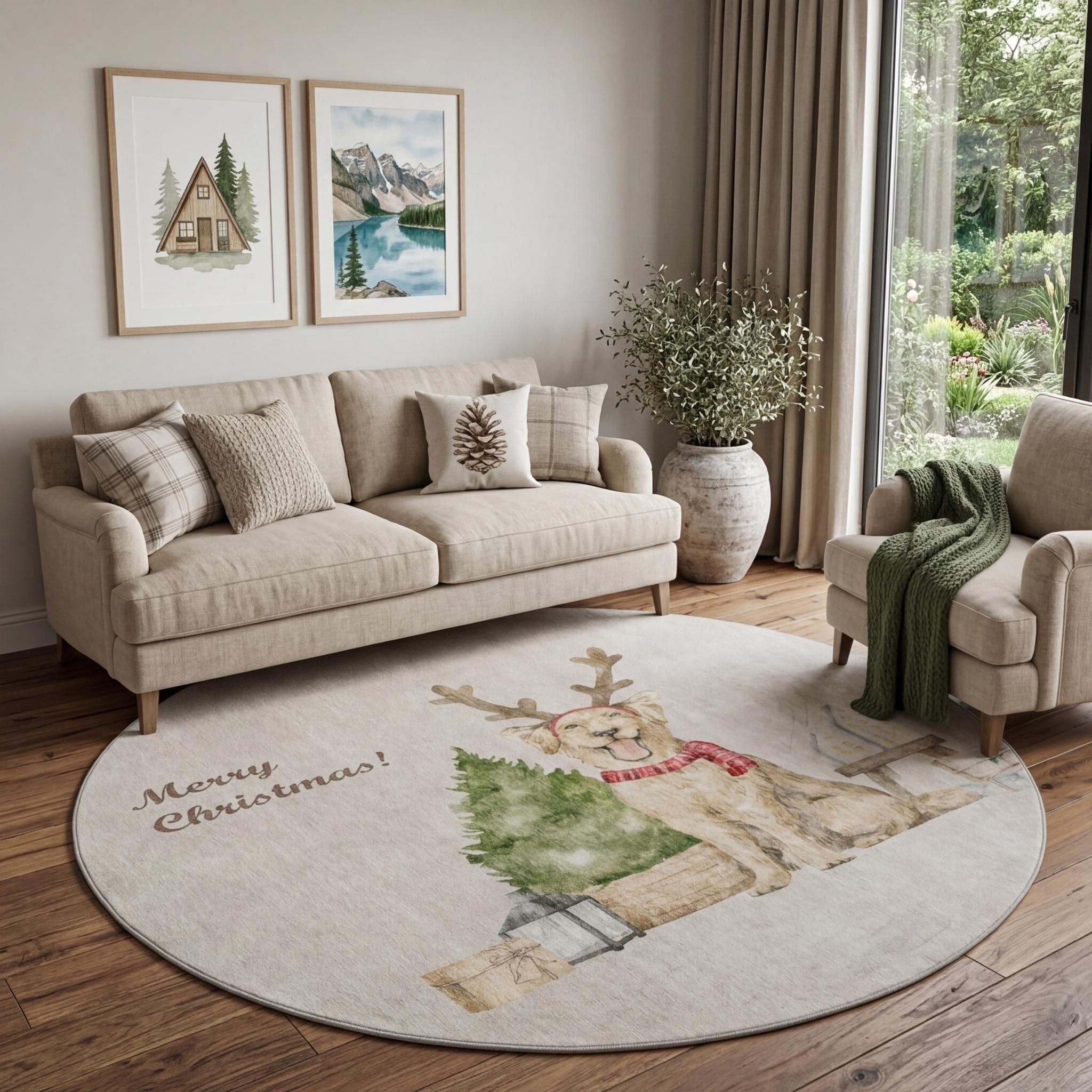 8 Taupe Green And Gray Christmas Dog Washable Round Rug With UV Protection