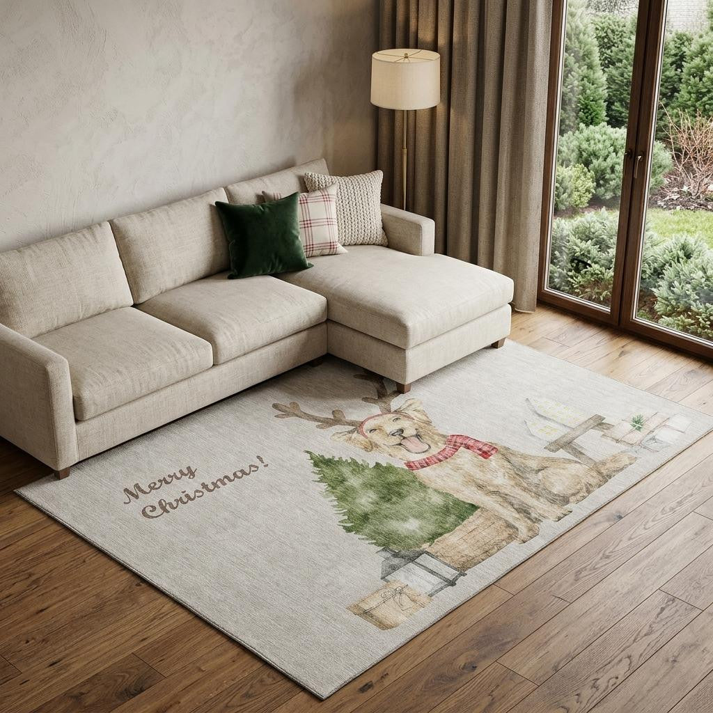 8 X 10 Taupe Green And Gray Christmas Dog Washable Area Rug With UV Protection