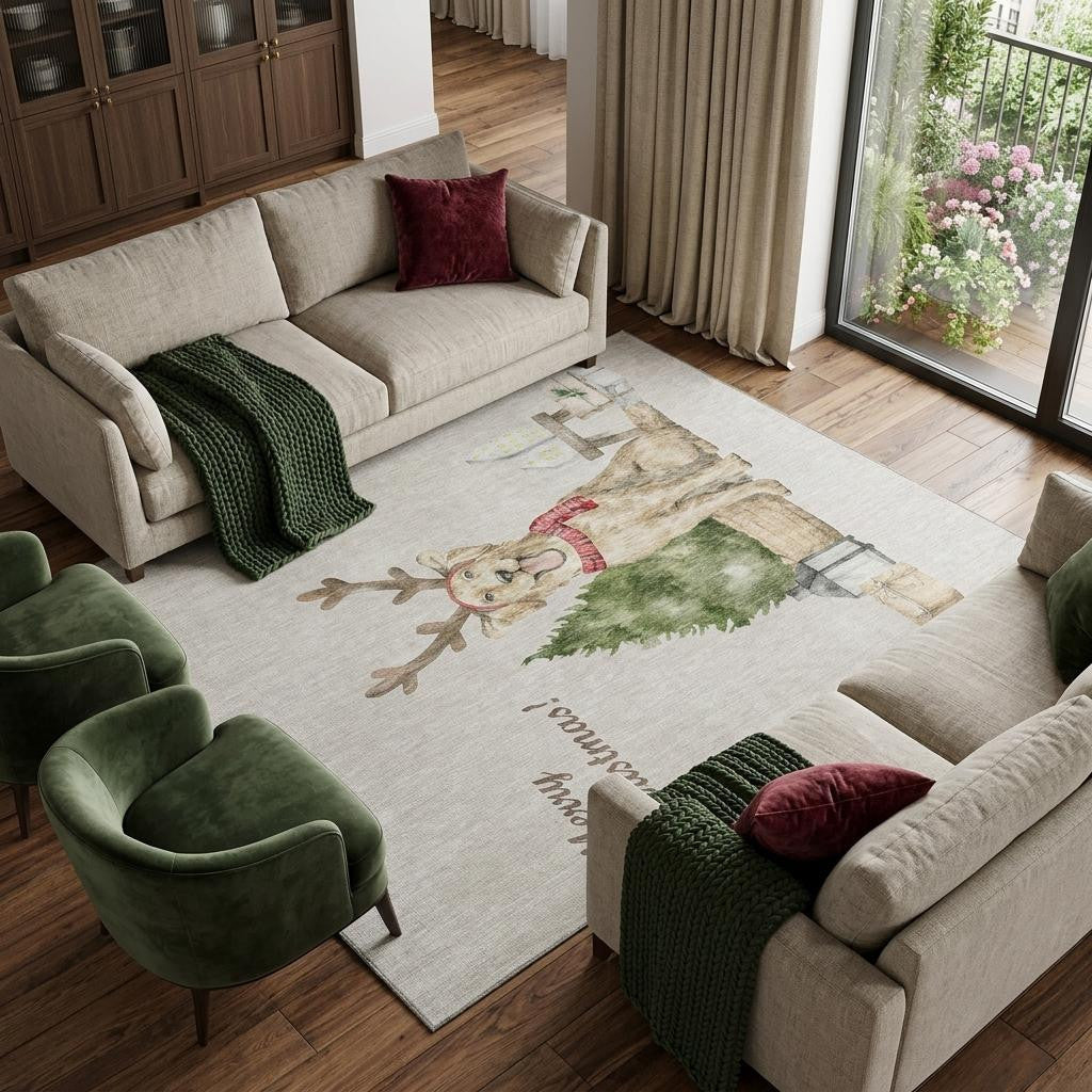 9 X 12 Taupe Green And Gray Christmas Dog Washable Area Rug With UV Protection