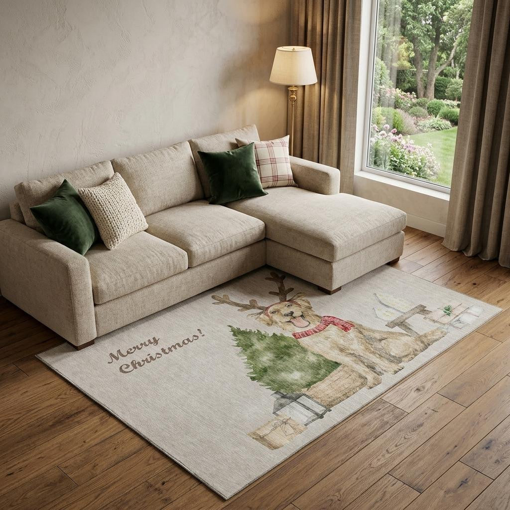 10 X 14 Taupe Green And Gray Christmas Dog Washable Area Rug With UV Protection