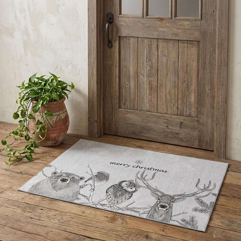 3 X 5 Gray And Black Christmas Woodland Lodge Washable Area Rug With UV Protection