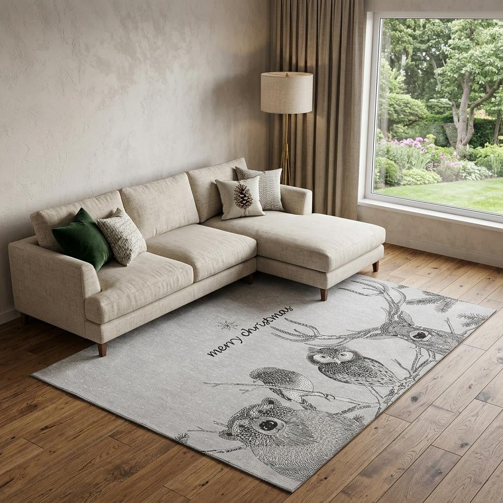 9 X 12 Gray And Black Christmas Woodland Lodge Washable Area Rug With UV Protection