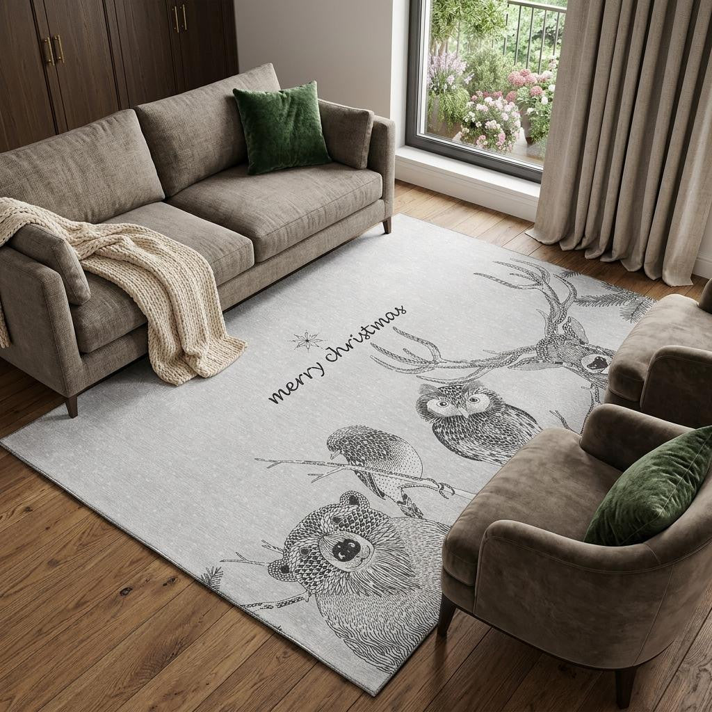 10 X 14 Gray And Black Christmas Woodland Lodge Washable Area Rug With UV Protection