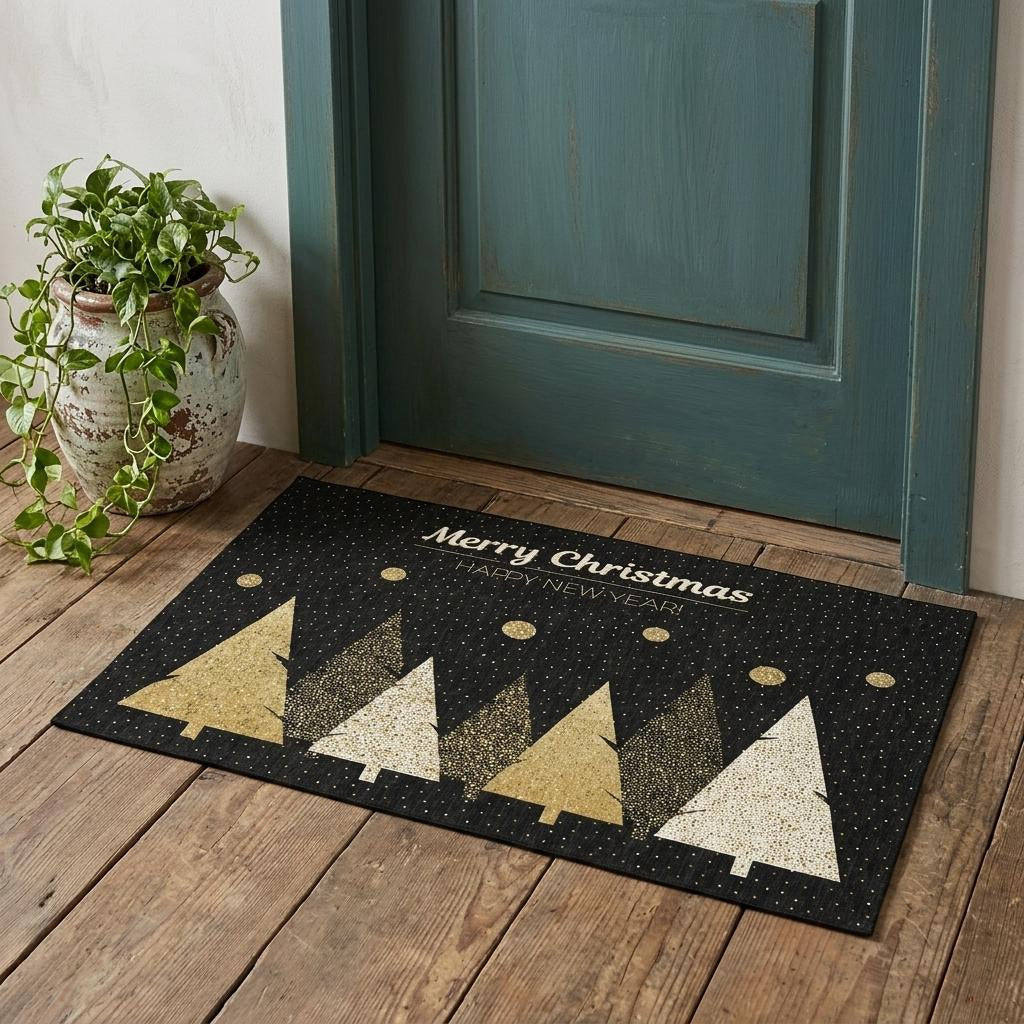 3 X 5 Black Gold And Ivory Christmas Tree Washable Area Rug With UV Protection