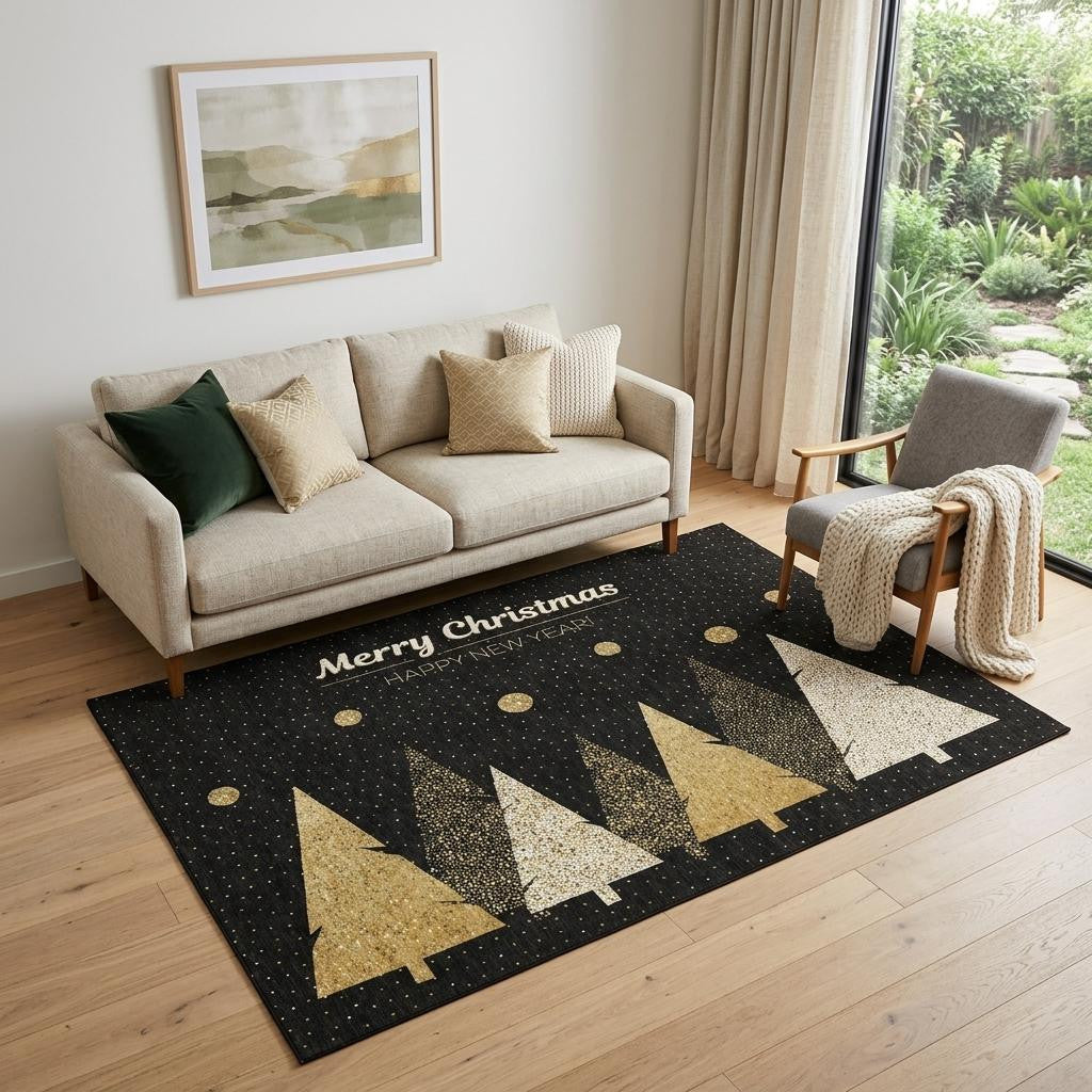 5 X 8 Black Gold And Ivory Christmas Tree Washable Area Rug With UV Protection