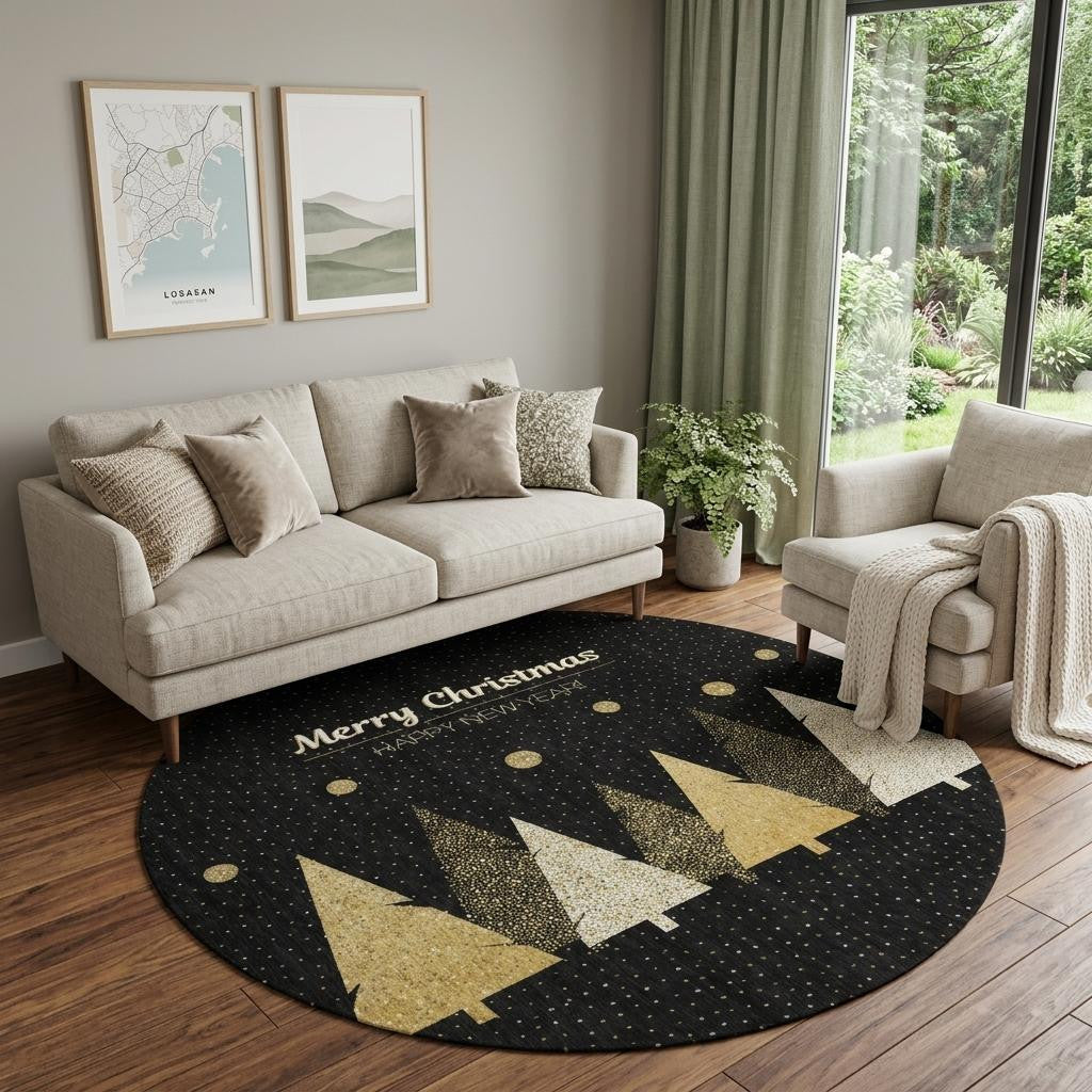 8 Black Gold And Ivory Christmas Tree Washable Round Rug With UV Protection
