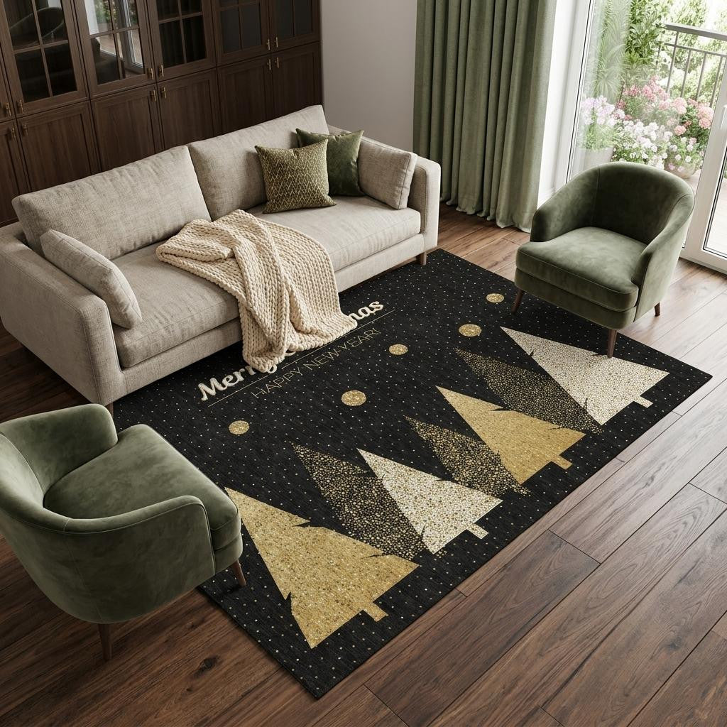9 X 12 Black Gold And Ivory Christmas Tree Washable Area Rug With UV Protection