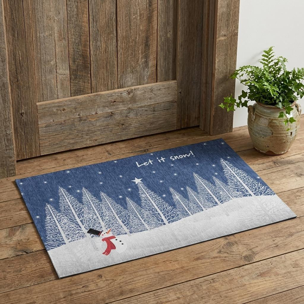 3 X 5 Blue And White Winter Snowman Washable Area Rug With UV Protection