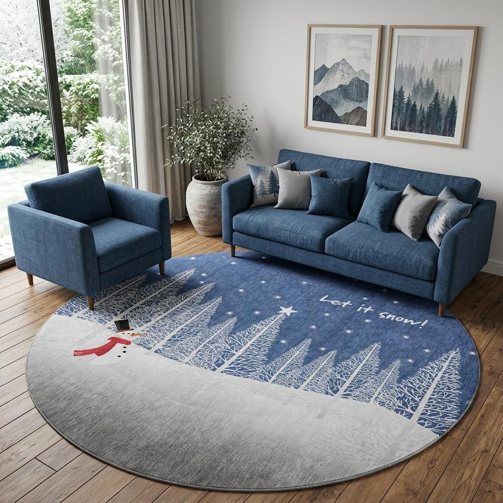 8 Blue And White Snowman Washable Round Rug With UV Protection