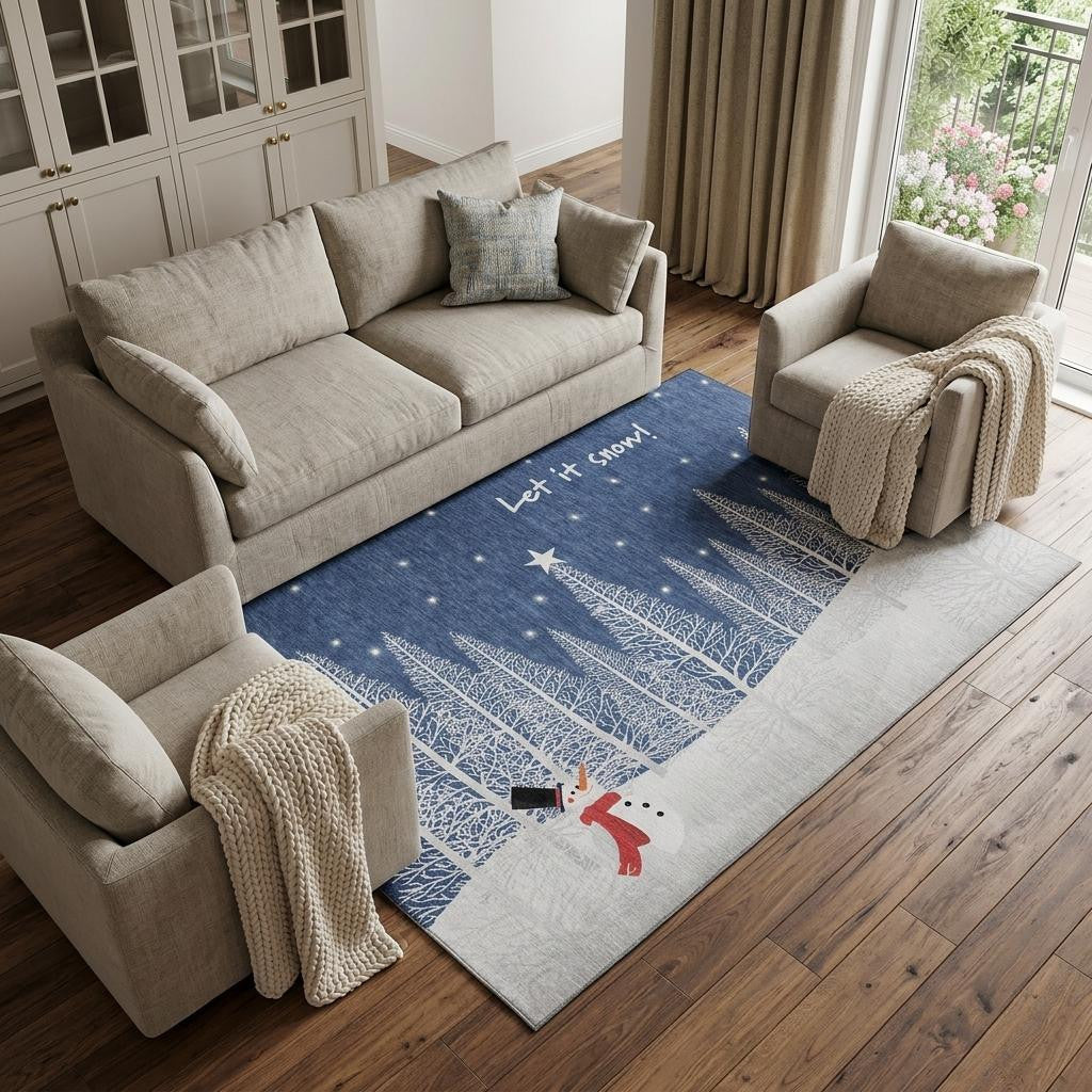 8 X 10 Blue And White Winter Snowman Washable Area Rug With UV Protection