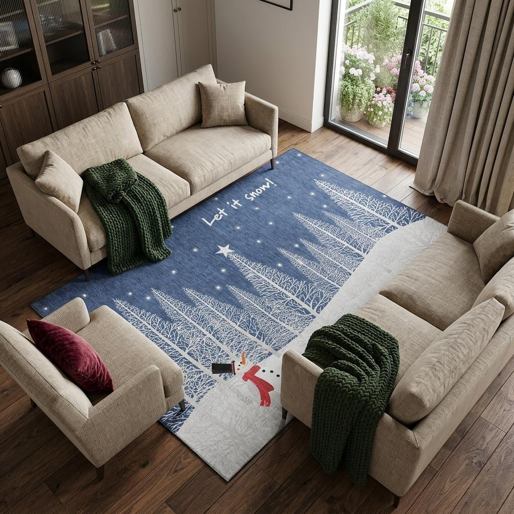 9 X 12 Blue And White Winter Snowman Washable Area Rug With UV Protection