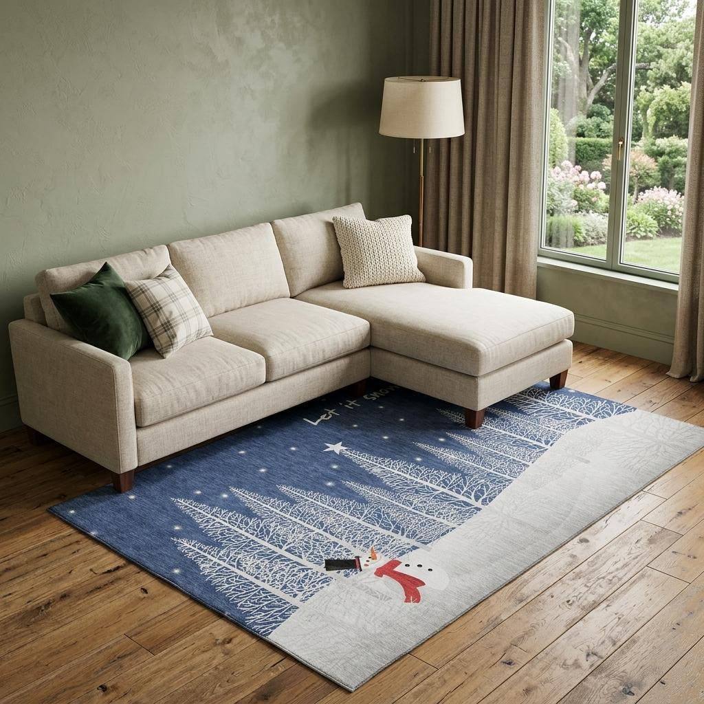 10 X 14 Blue And White Winter Snowman Washable Area Rug With UV Protection