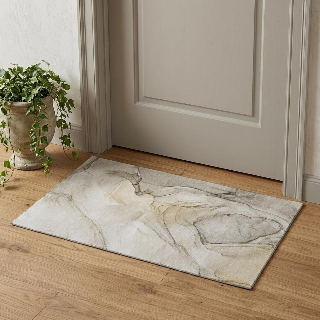 3 X 5 Beige And Ivory Abstract Washable Area Rug With UV Protection