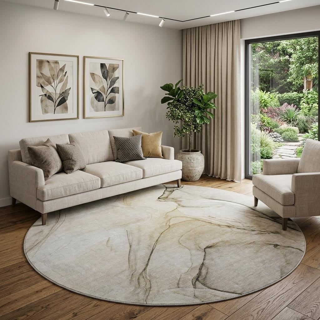 8 Beige And Ivory Abstract Washable Round Rug With UV Protection