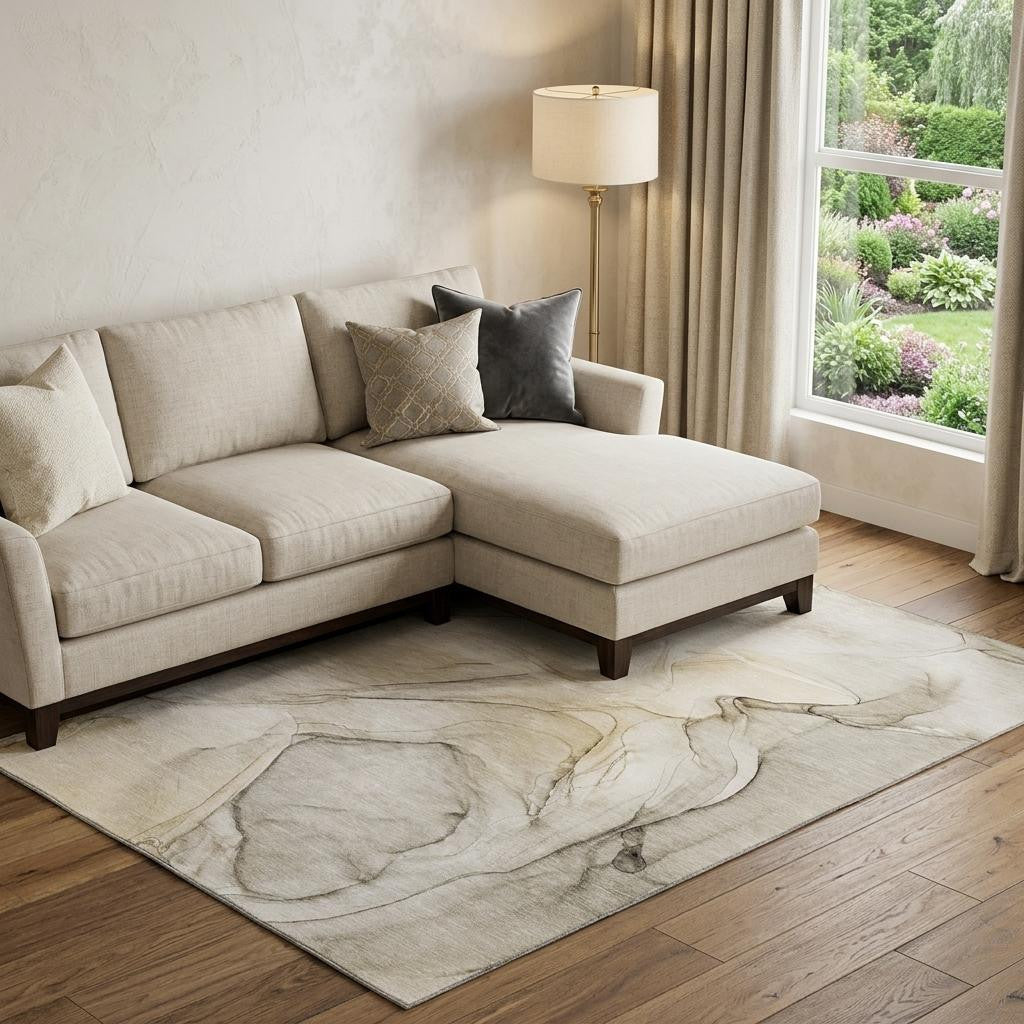 9 X 12 Beige And Ivory Abstract Washable Area Rug With UV Protection