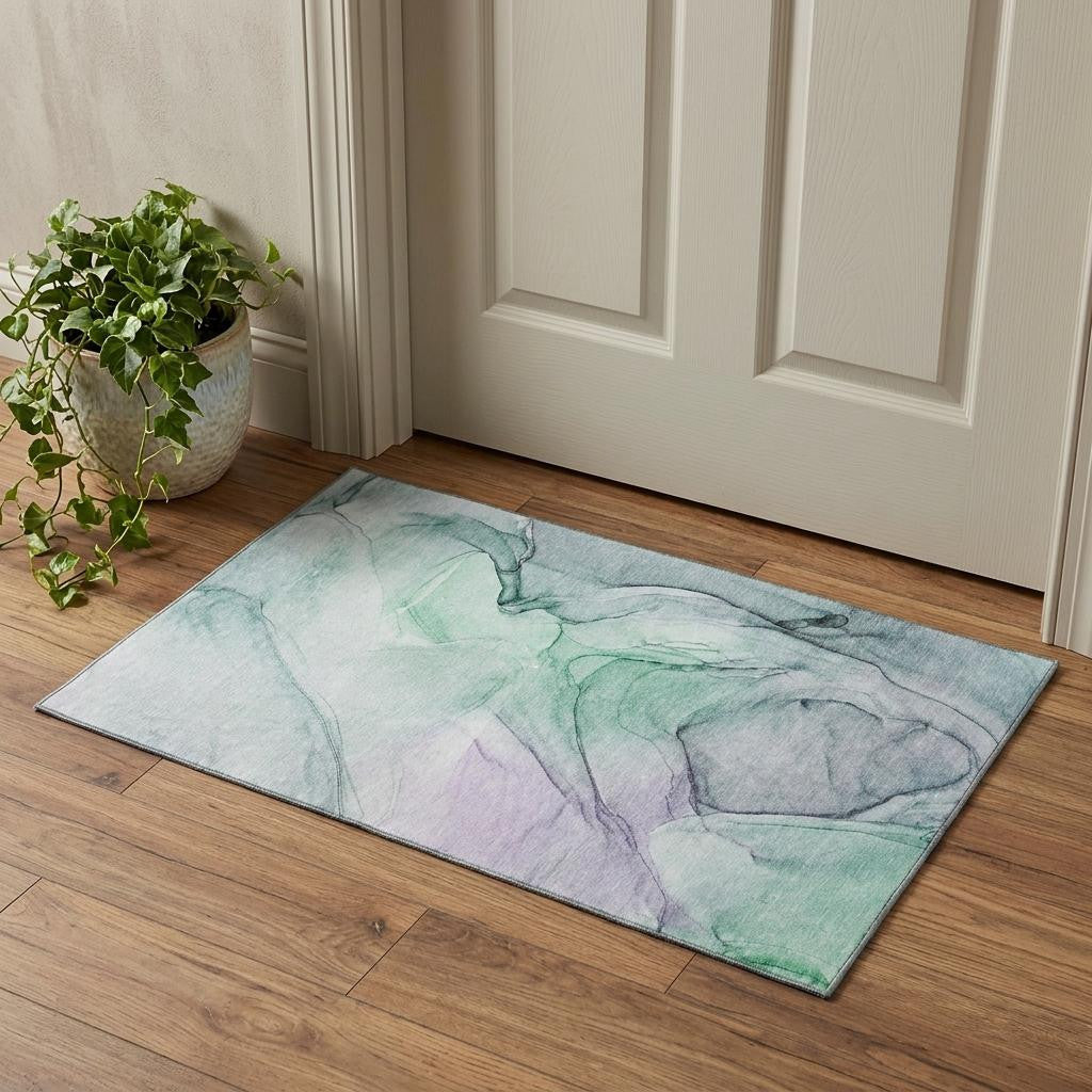 3 X 5 Blue And Green Abstract Washable Area Rug With UV Protection