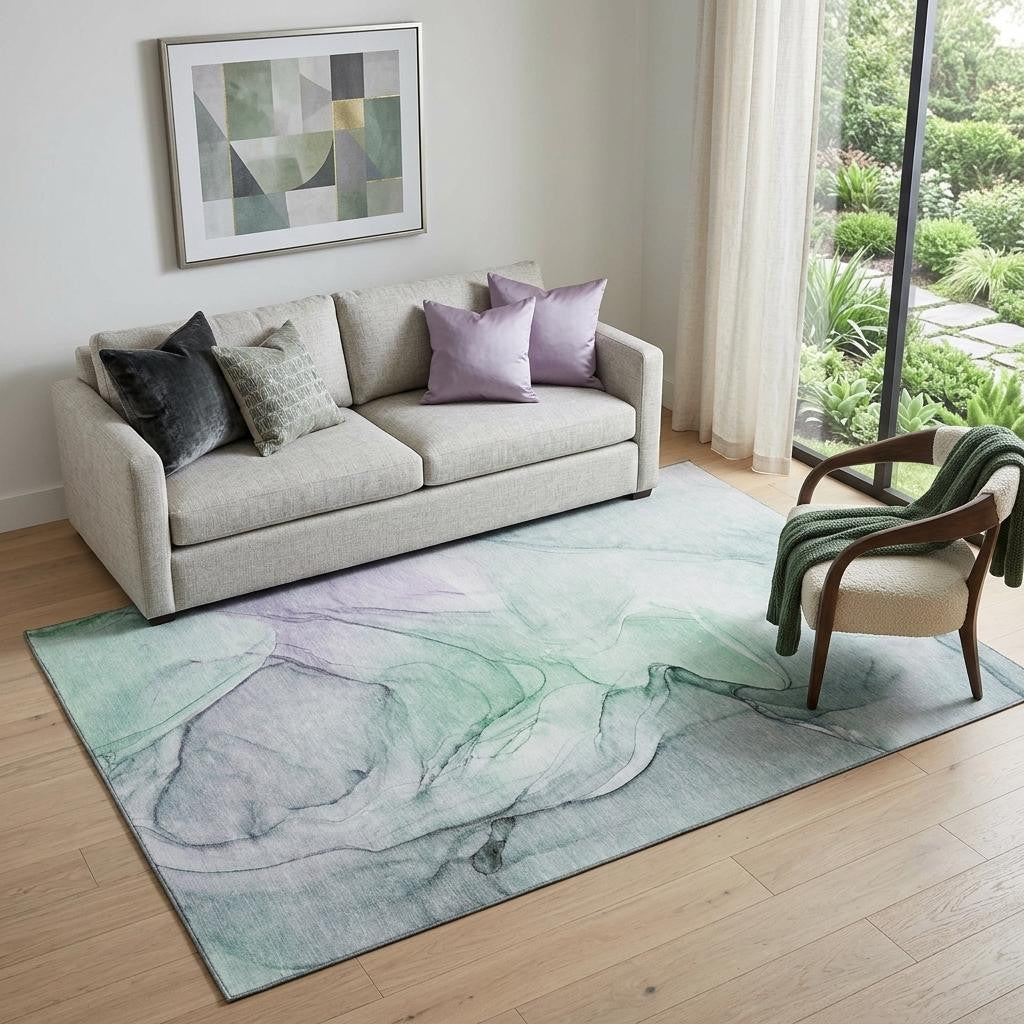 5 X 8 Blue And Green Abstract Washable Area Rug With UV Protection