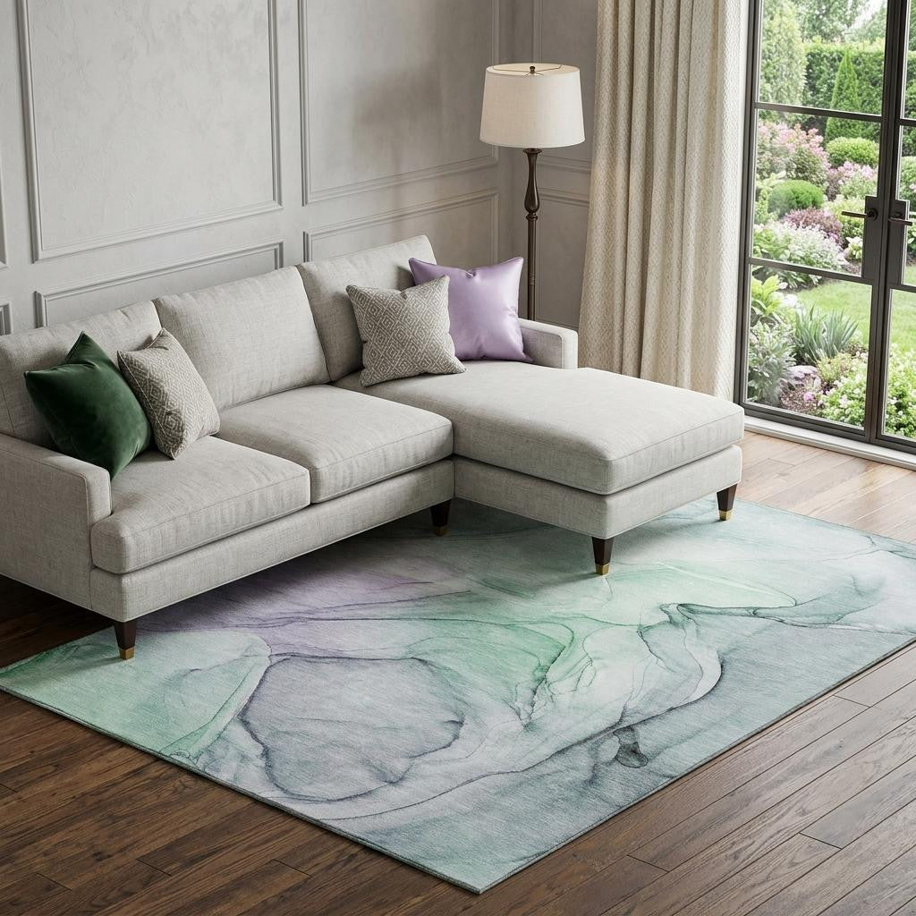8 X 10 Blue And Green Abstract Washable Area Rug With UV Protection