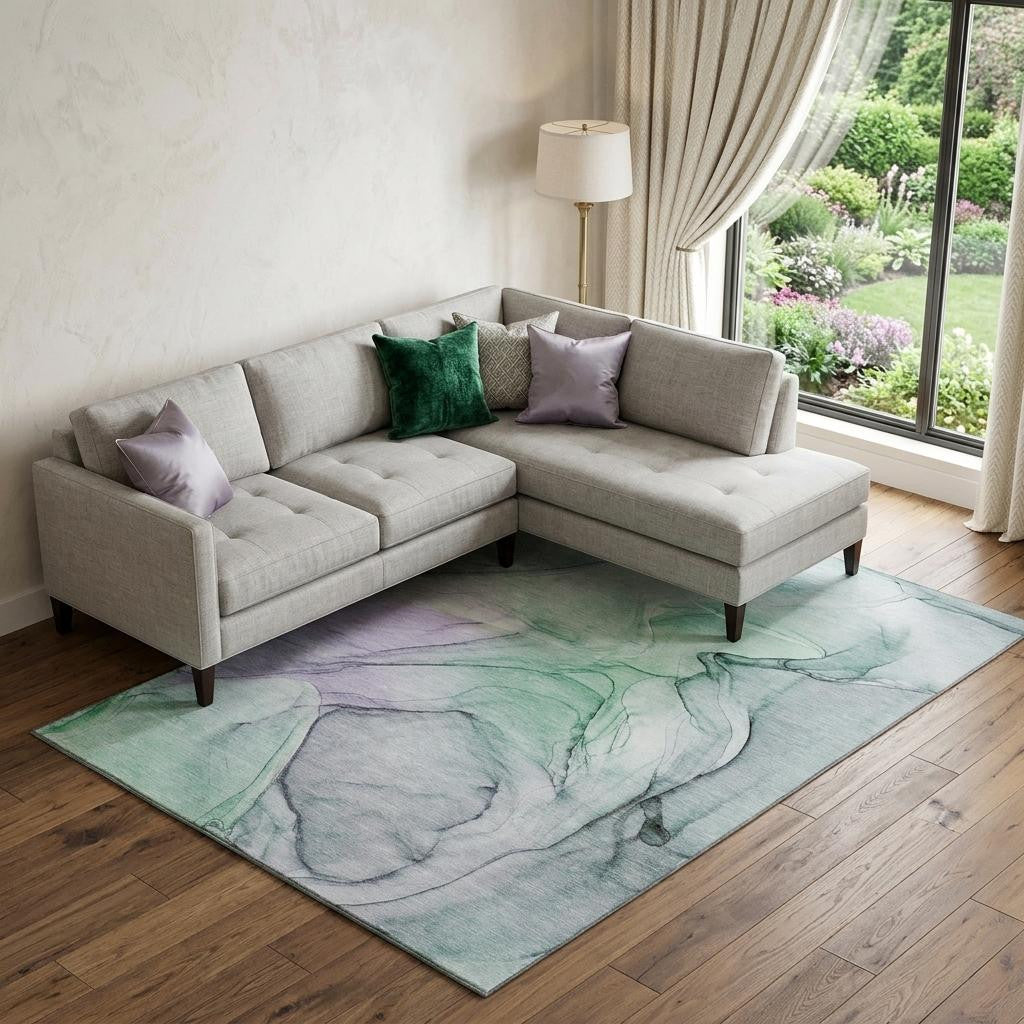 9 X 12 Blue And Green Abstract Washable Area Rug With UV Protection