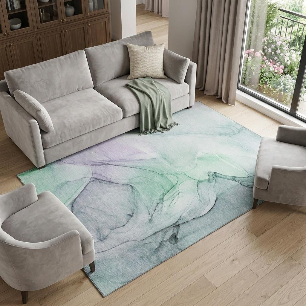 10 X 14 Blue And Green Abstract Washable Area Rug With UV Protection