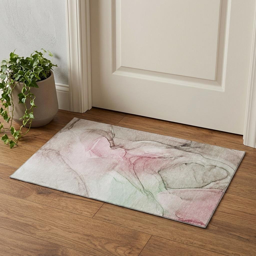 3 X 5 Blush And Ivory Abstract Washable Area Rug With UV Protection