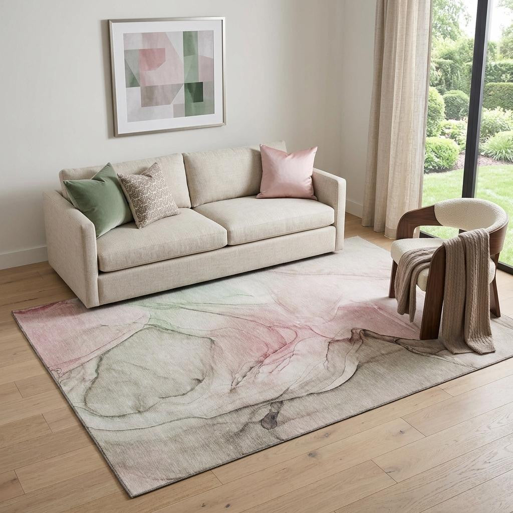 5 X 8 Blush And Ivory Abstract Washable Area Rug With UV Protection