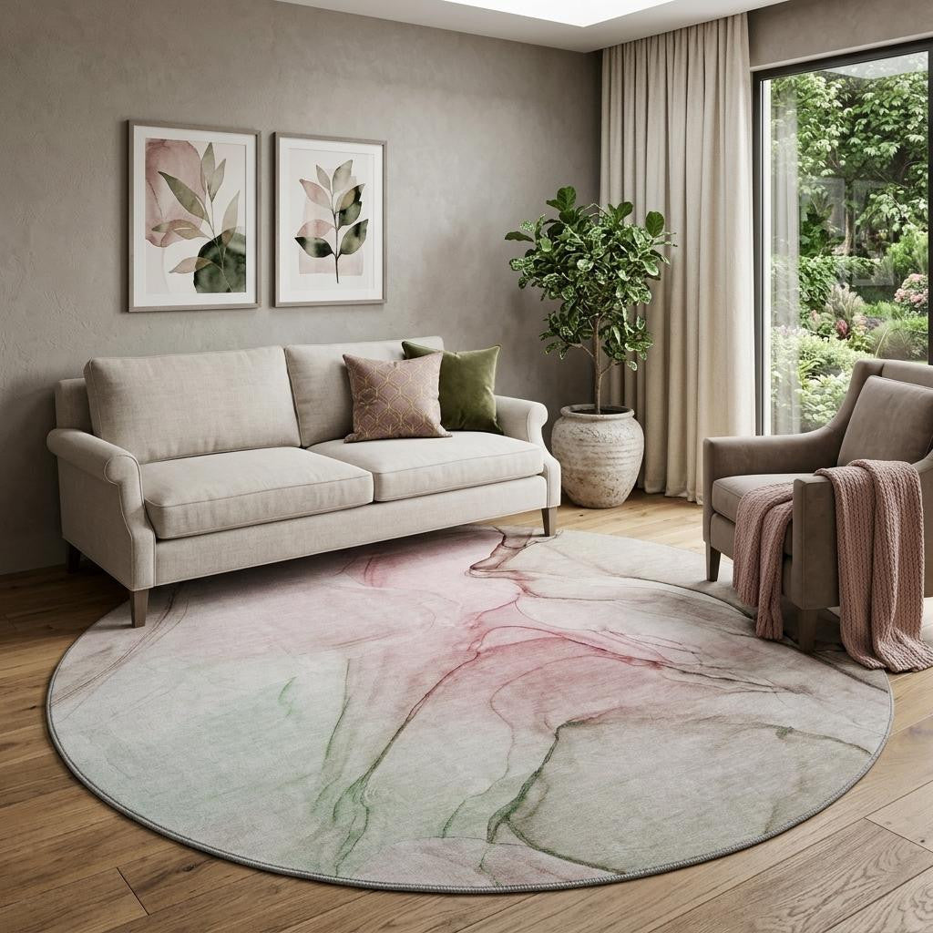 8 Blush And Ivory Abstract Washable Round Rug With UV Protection