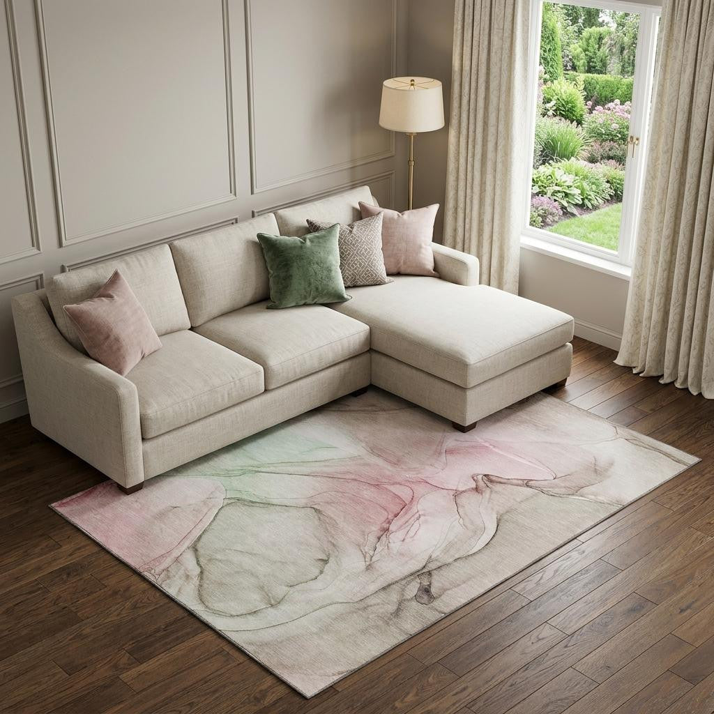 8 X 10 Blush And Ivory Abstract Washable Area Rug With UV Protection