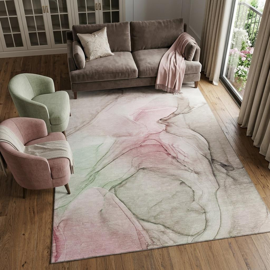 9 X 12 Blush And Ivory Abstract Washable Area Rug With UV Protection
