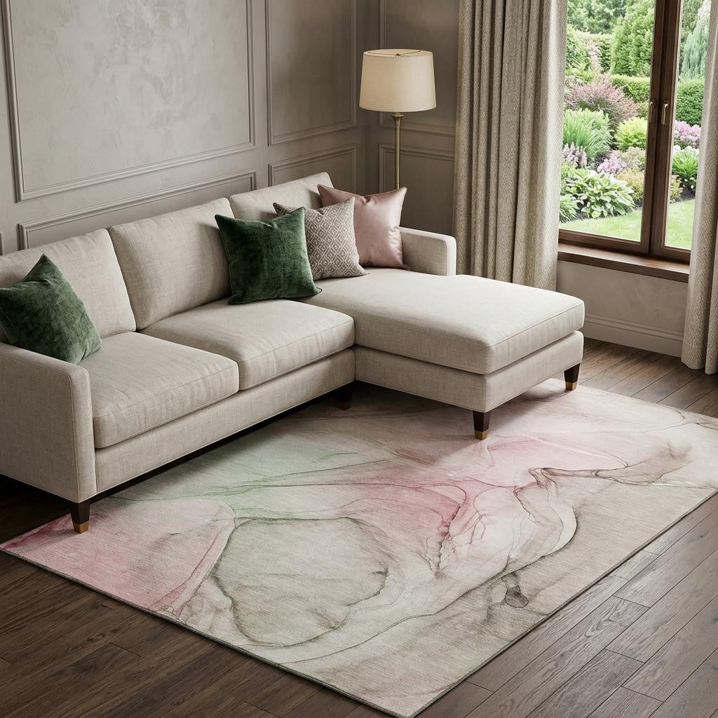 10 X 14 Blush And Ivory Abstract Washable Area Rug With UV Protection