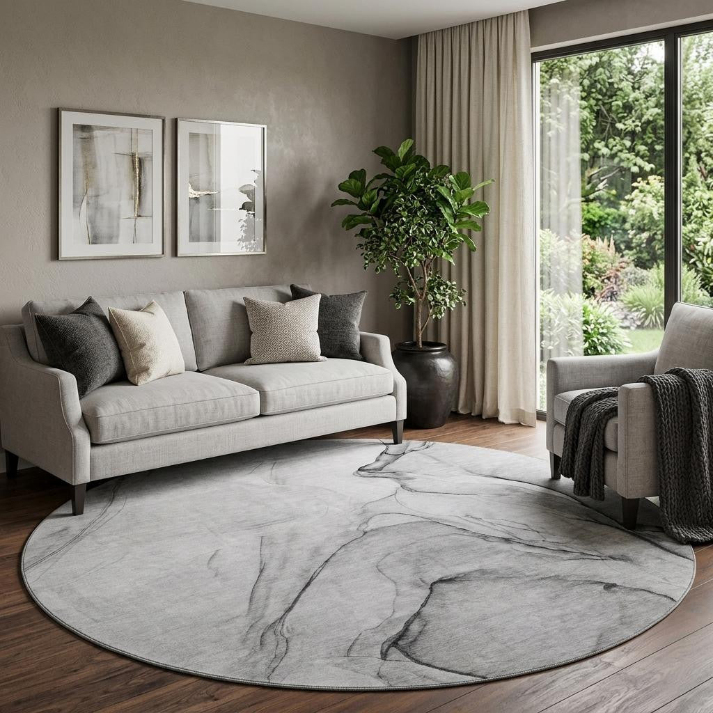8 Gray And Charcoal Abstract Washable Round Rug With UV Protection