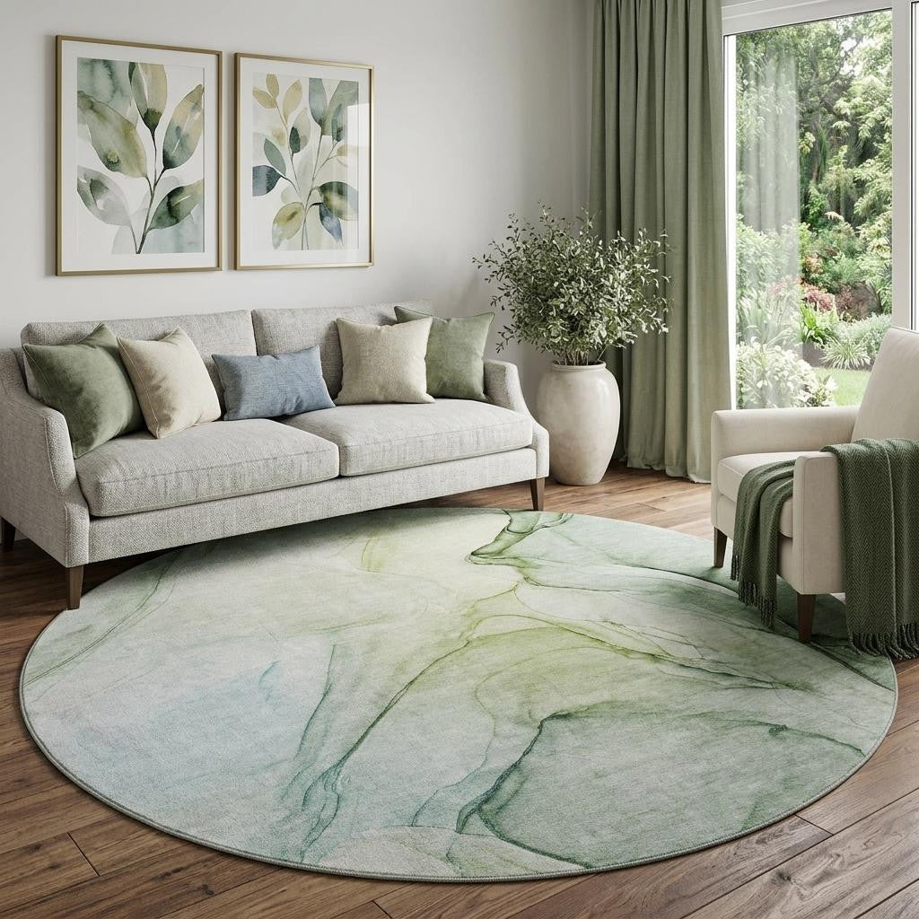 8 Green And Ivory Abstract Washable Round Rug With UV Protection
