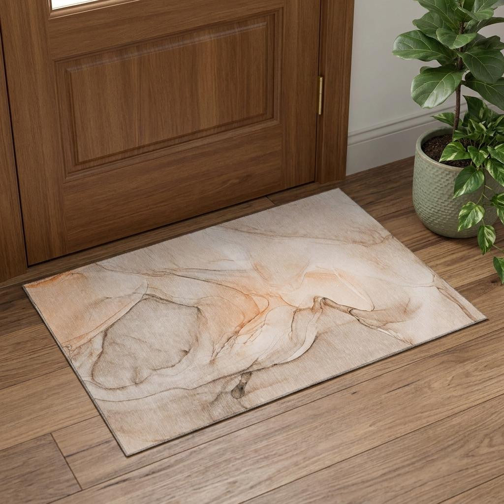 3 X 5 Orange And Ivory Abstract Washable Area Rug With UV Protection