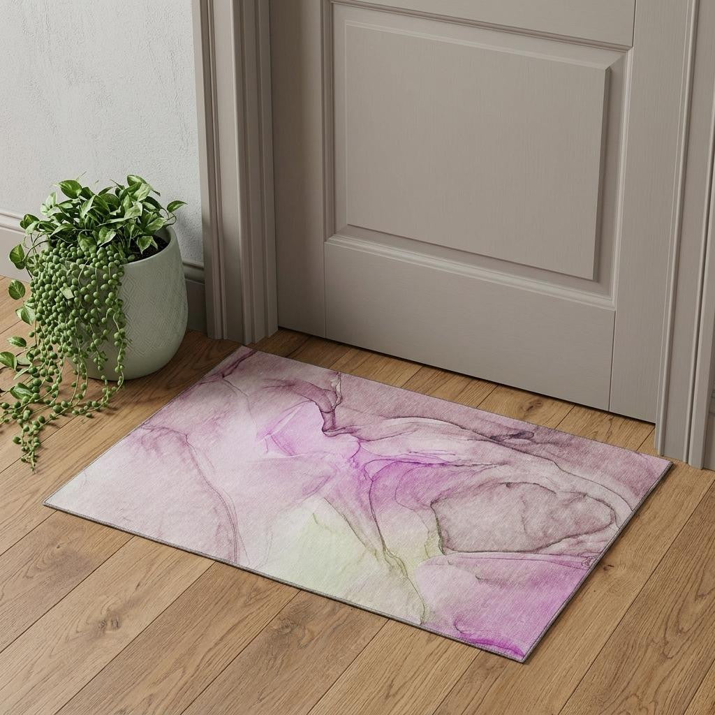 3 X 5 Pink And Ivory Abstract Washable Area Rug With UV Protection